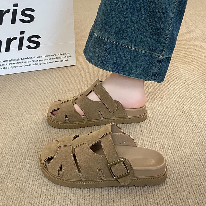 Fashion 2025 New Flock Shoes Ladies' Slippers Low Heels Summer Woman Cover Toe Low Platform Beach Fabric Rome Rubber