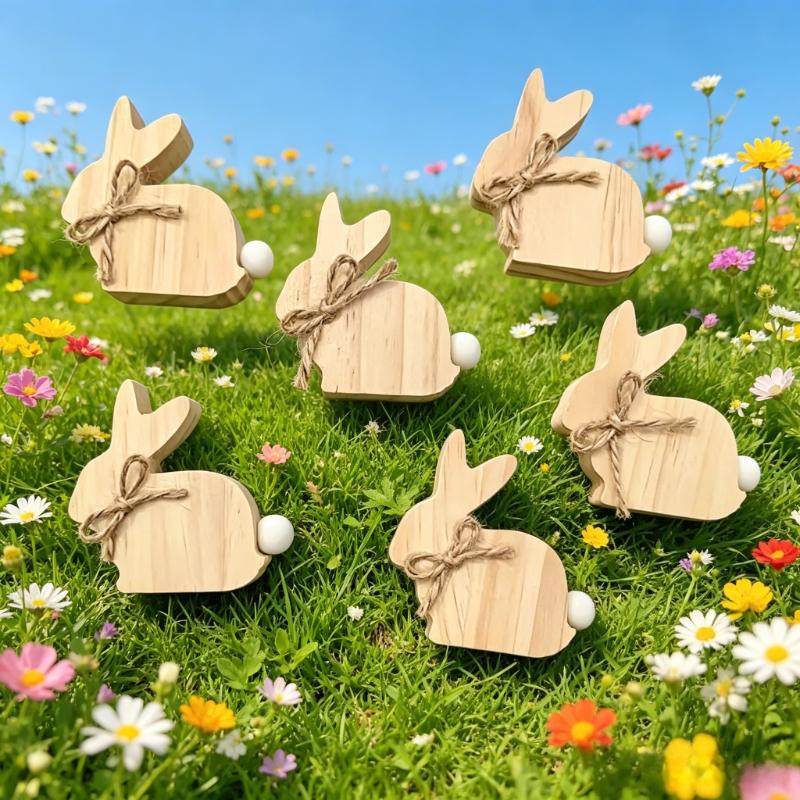 6pcs Wooden Bunny Figurines Wood Rabbit Decorations with Jute Twine Rustic Tabletop Ornaments for Home Decor and Farmhouse