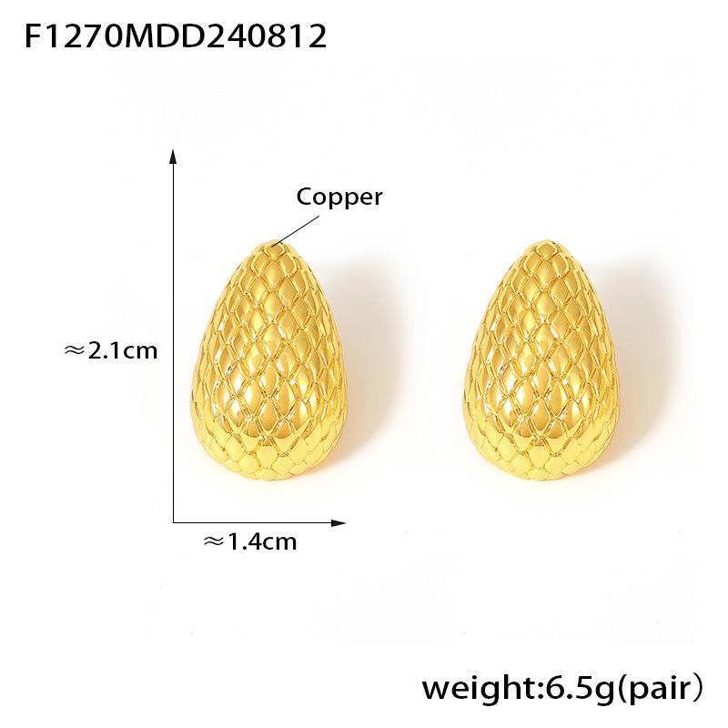 18K Gold-Plated Copper Earrings with Water Drop Grid Pattern and Retro Exaggerated Design