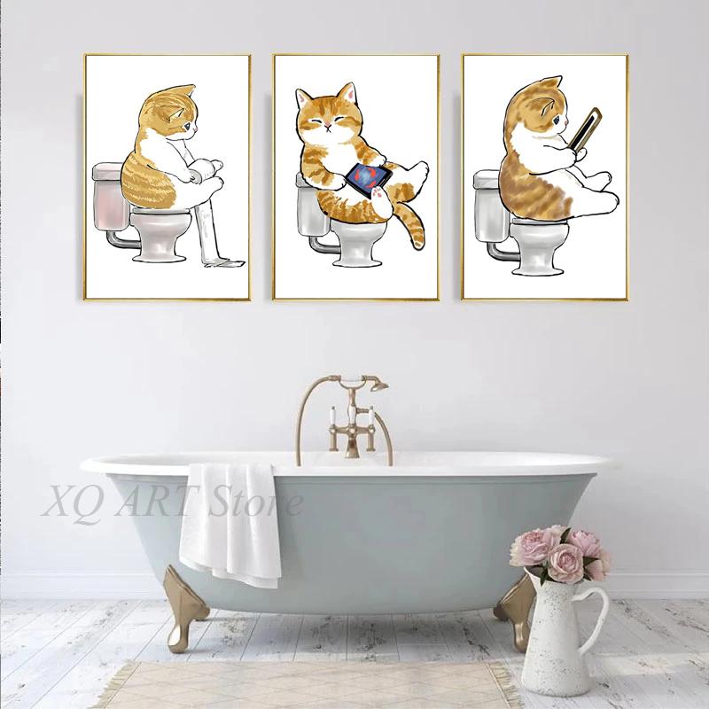 Toilet Cat Playing Mobile Phone Paper Poster Simple Pet Prints Canvas Painting Wall Art Pictures Home Bathroom Room Decoration