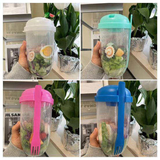 Wiederverwendbarer Salatbecher 1000ml Tragbarer Frischer Salatbehälter mit Gabel und Dressinghalter BPA-freier PP Salataufbewahrungsbecher für Mittagessen Picknick Camping