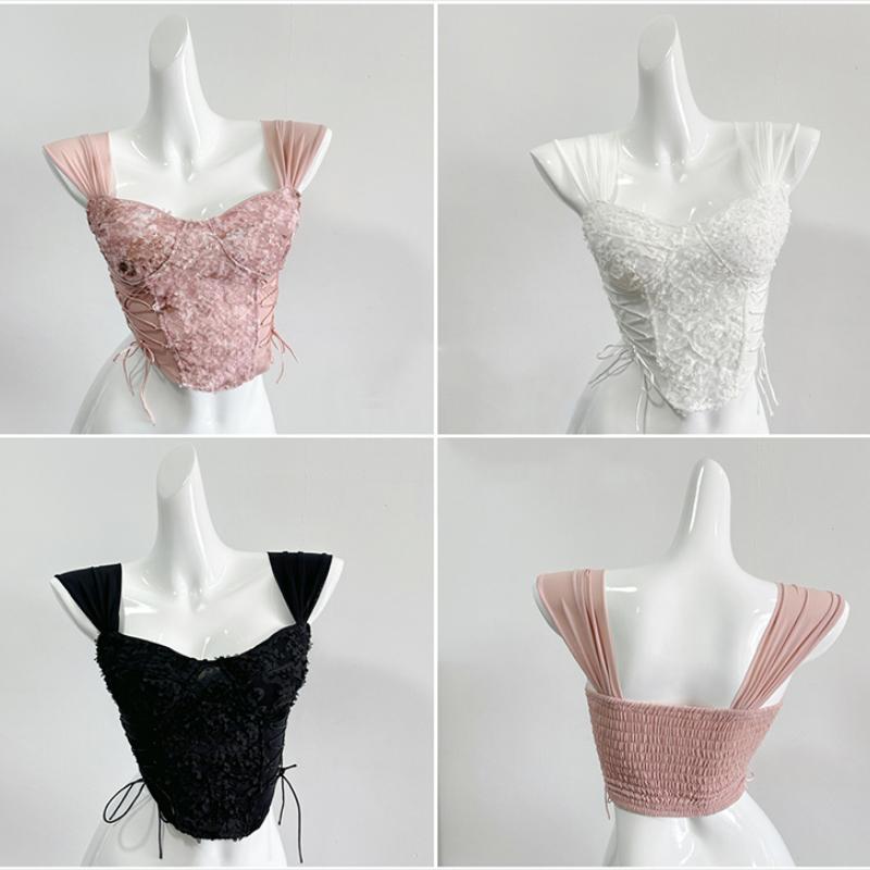 Women Bandage Sexy Lace Strapless Irregular Tops Solid Pleated Crop Tops With Bra Pad 2024 Women Summer Backless Slim Tank Tops