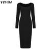 VONDA Women U-Neck Long Sleeve Solid Color Rib Tight Bodycon Dresses