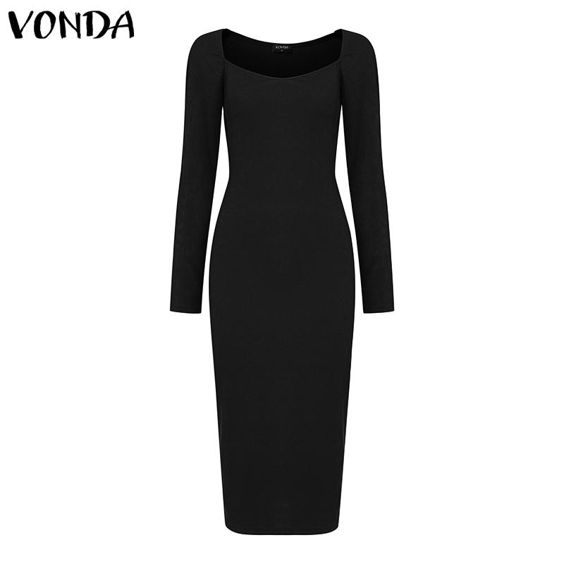 VONDA Women U-Neck Long Sleeve Solid Color Rib Tight Bodycon Dresses