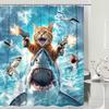 Lustiges Katzen-Duschvorhang-Set, Niedliche Katze reitet Dinosaurier-Thema Ozean-Vorhänge für das Badezimmer, Lustige maritime Kinderdekoration, Polyestergewebe