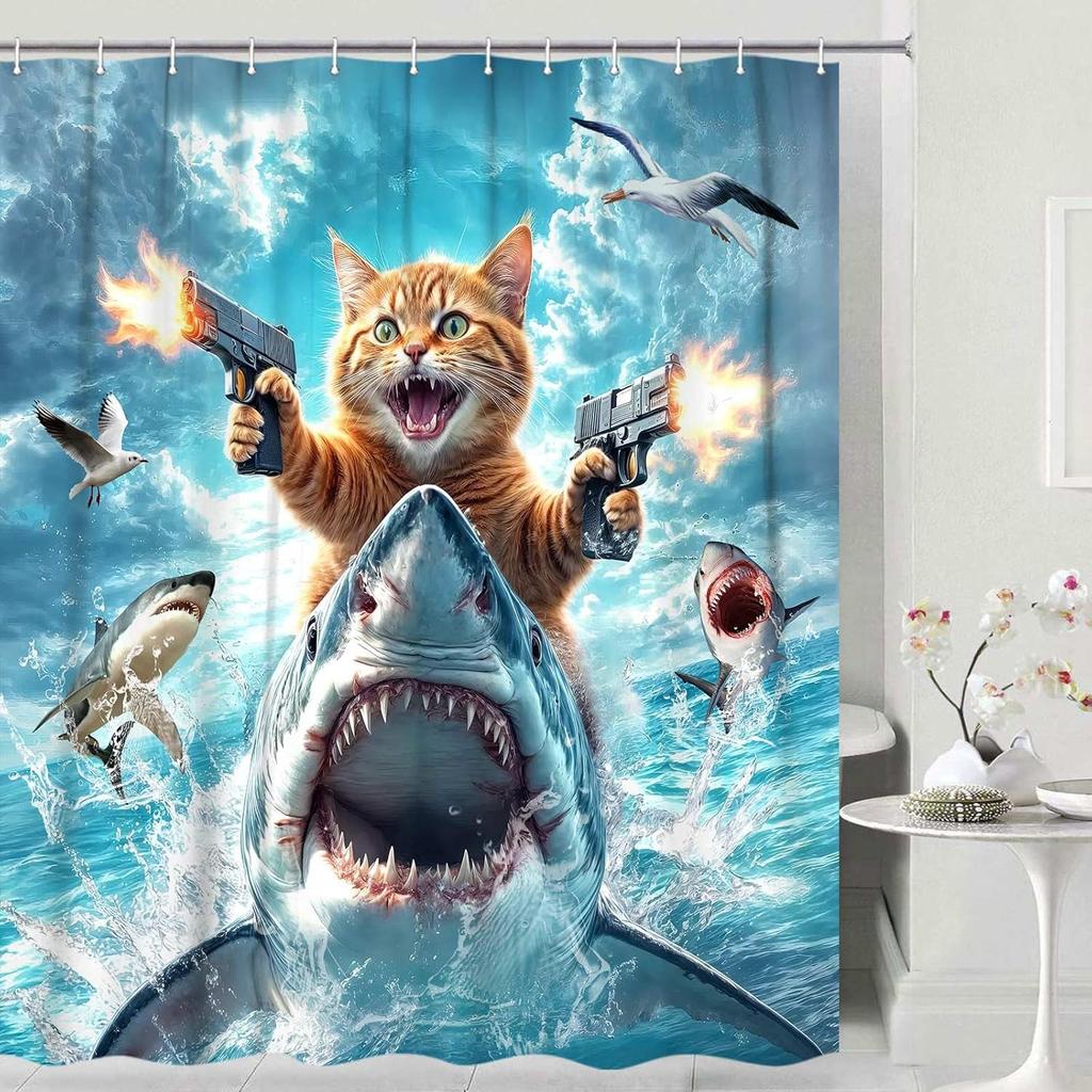 Lustiges Katzen-Duschvorhang-Set, Niedliche Katze reitet Dinosaurier-Thema Ozean-Vorhänge für das Badezimmer, Lustige maritime Kinderdekoration, Polyestergewebe