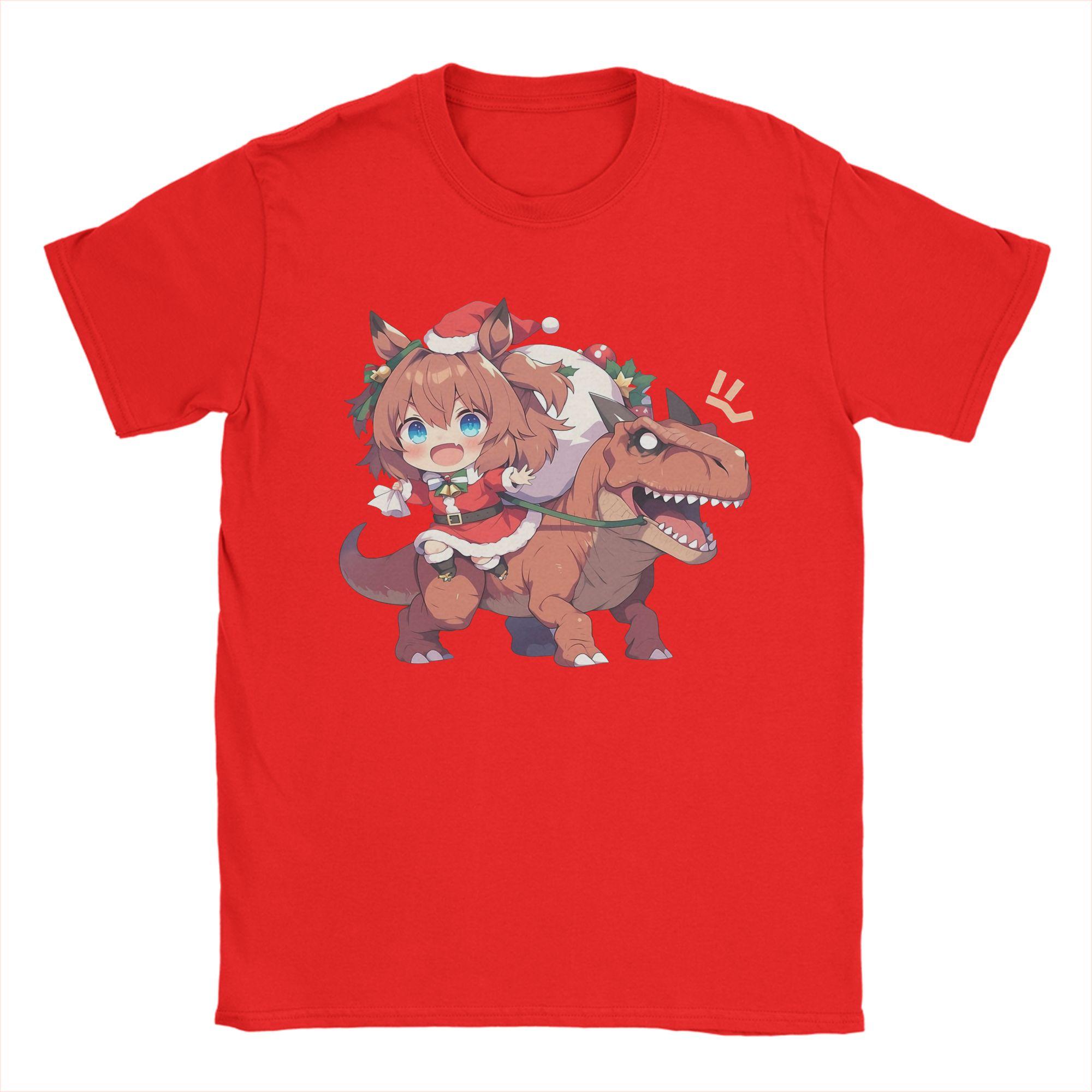 Taiki Shuttle Christmas Dinosaur Men T Shirts Uma Musume Pretty Derby Anime Tees Short Sleeve Crew Neck T-Shirt 100% Cotton S