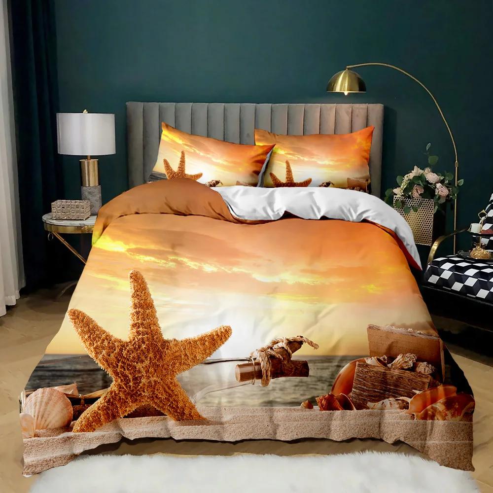Starfish Duvet Cover Set Ocean Bedding Set Hawaiian Marine Sea Waves 3D Starfish Comforter Cover King Size Polyester Qulit Cover