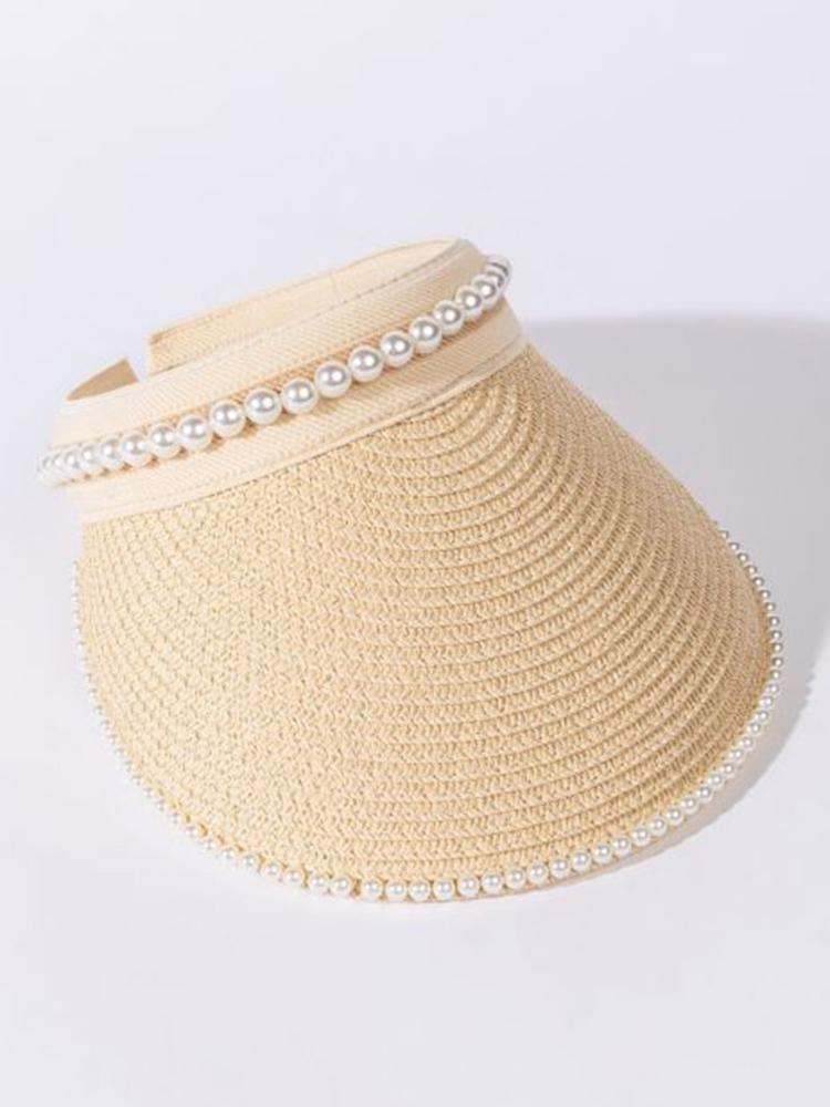 Summer Woman Straw Pearl Decor Sun Hats Antiuv Female Outdoor Hand Made Cap Casual Shade Hat Empty Top Hat Beach Vacation Visor
