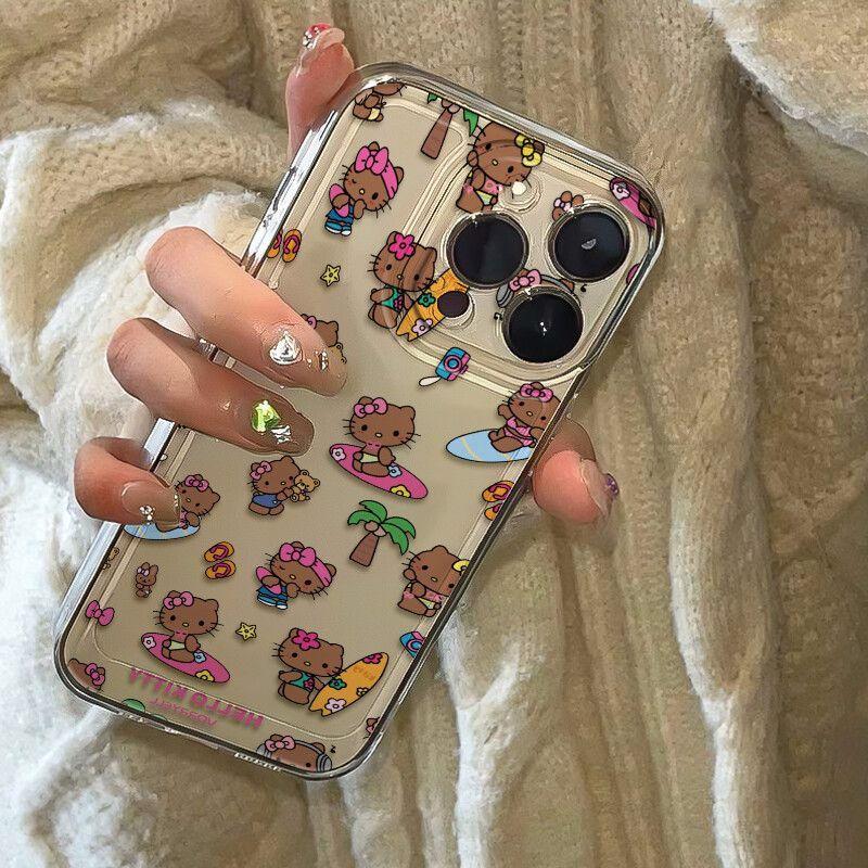 Cute Black Skin Surfing Kitty iPhone Case For iPhone 16 15 14 13 12 11 Pro Max XR XS MAX 78PLUS MINI INS Transparent Cover
