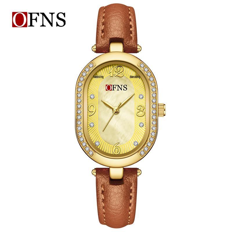 Oufanni Women's Vintage-Style Diamond-Inlaid Oval Mother-of-Pearl Watch - Waterproof Quartz with Light Luxury Appeal