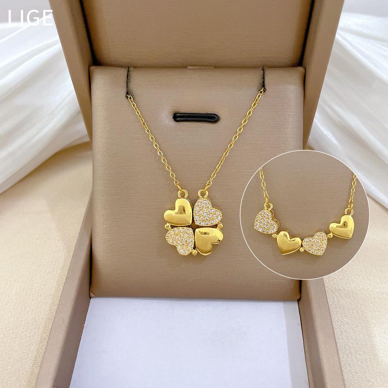 Necklace Women'S New Model, A Two-Wear Heart-To-Heart Open And Closed Four-Leaf Flower Full Diamond Versatile Clavicle Chain Titanium Steel