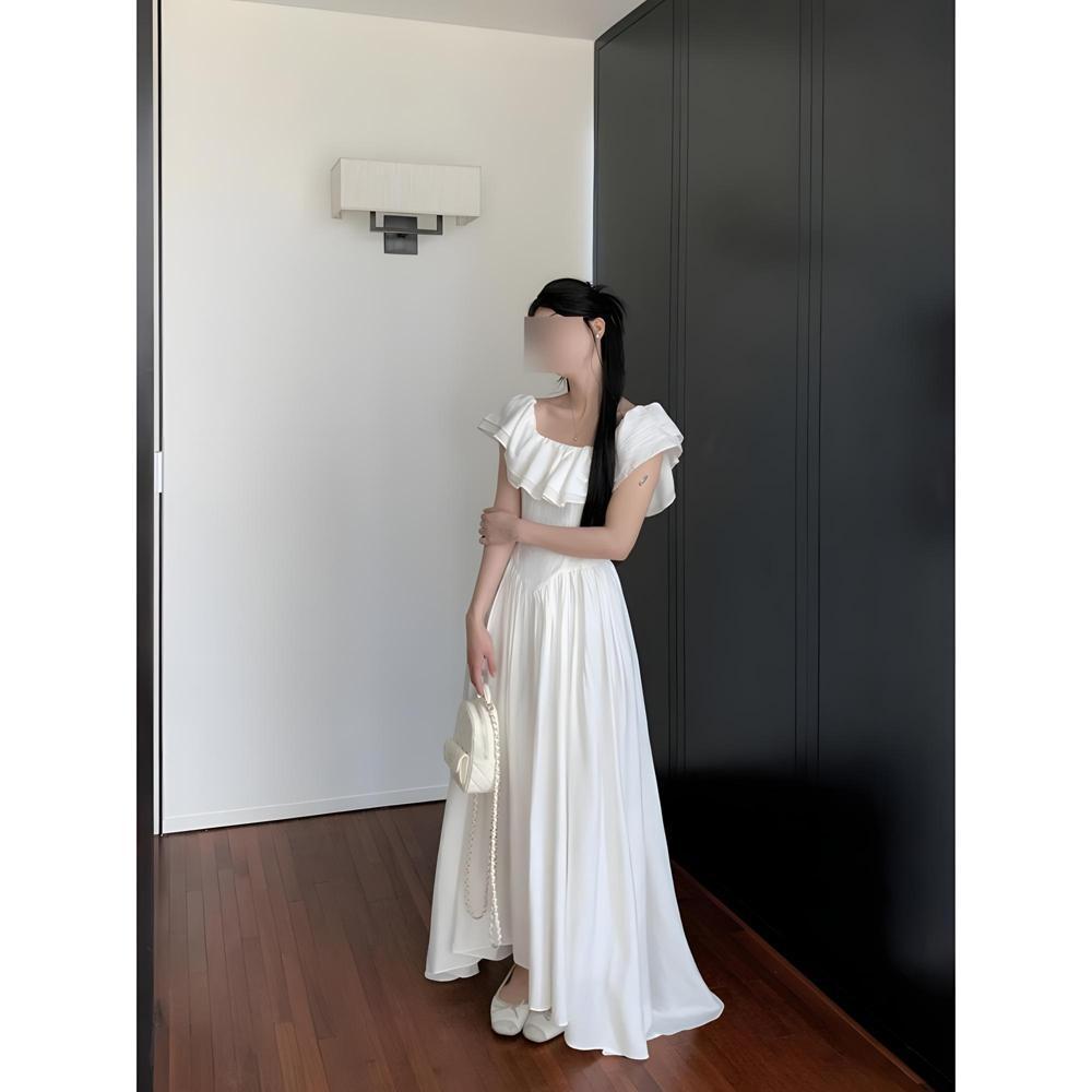 Weißes Kleid Damen Sommer Temperament Neu Lange Taille Quadratischer Ausschnitt Rüschenrand Ein-Wort-Schulter Flatterärmel A-Linien-Rock
