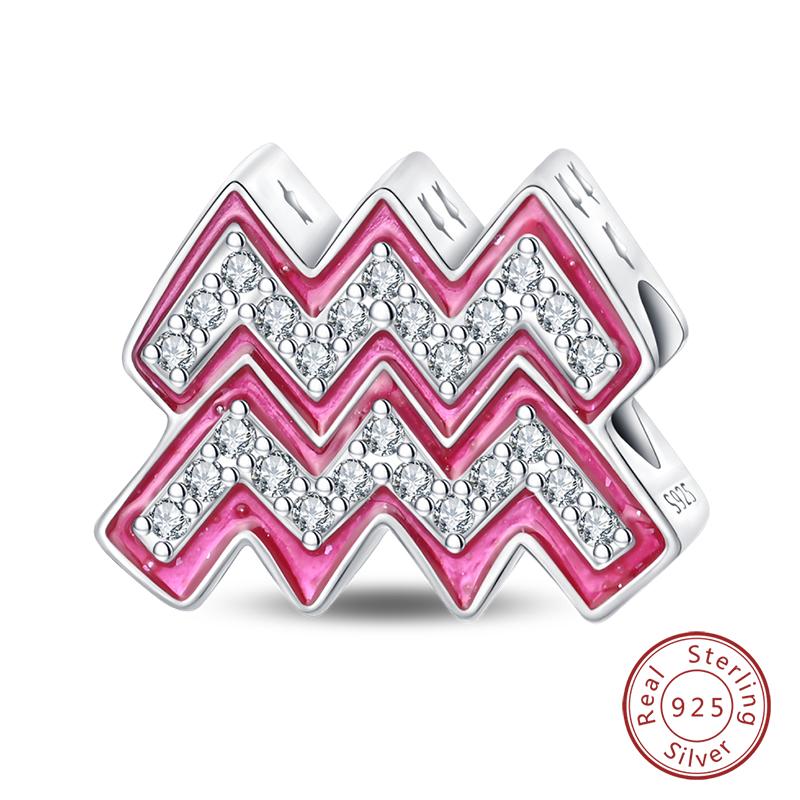 New 100% 925 Silver Twelve Constellation Series Pink Charms Beads Fit Qikaola Bracelets DIY Birthday Jewelry