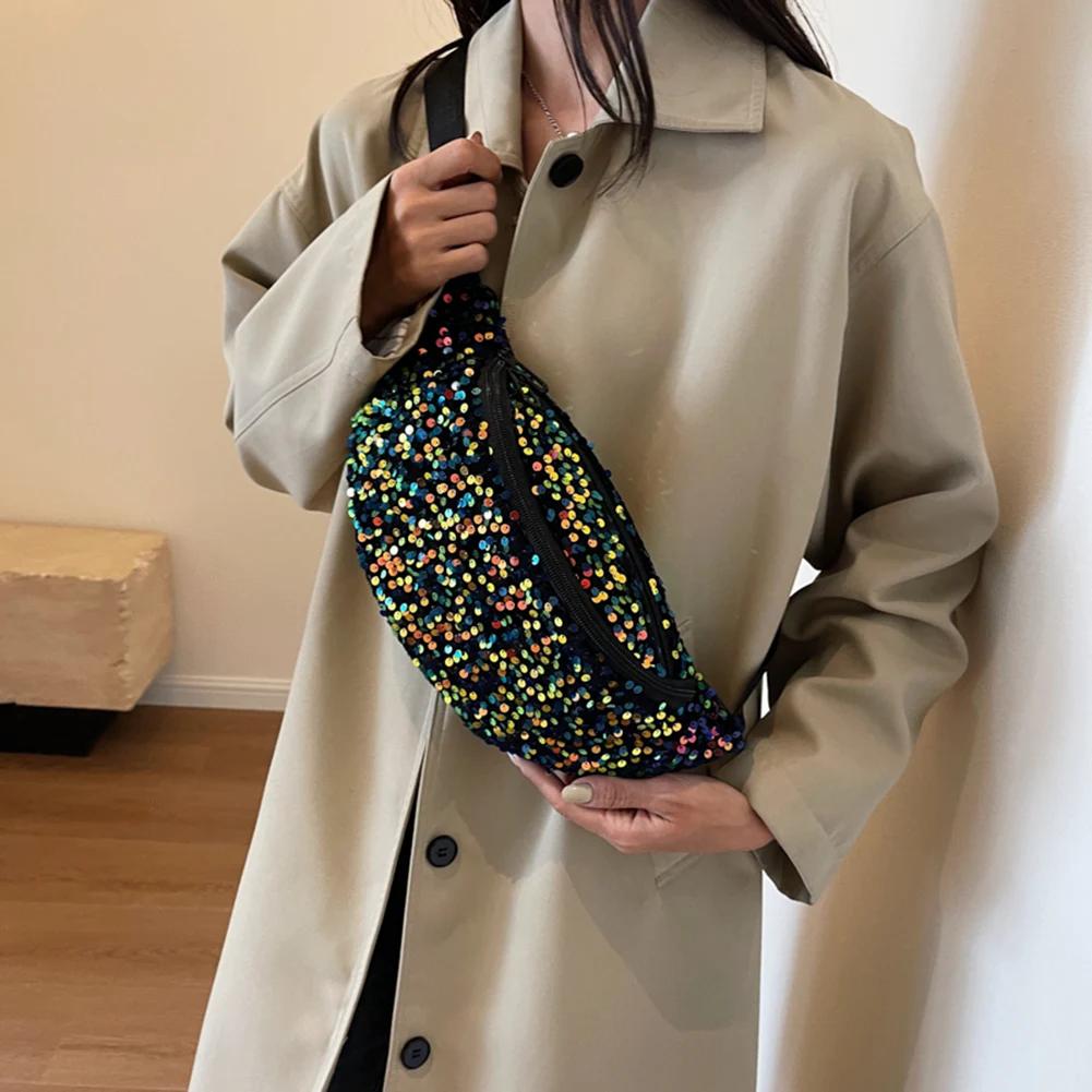 Sequin PU Leather Chest Bag for Women Trendy Crossbody Bag Sling Banana Bag Shiny Shoulder Bag Phone Waist Bag Handbags Purse