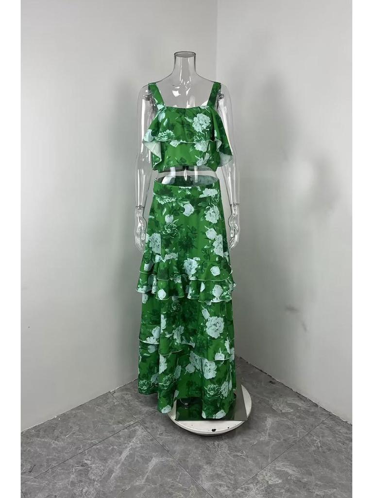 2026 Spring Women's Camisole & Long Cake Skirt Two-Piece Beach Set