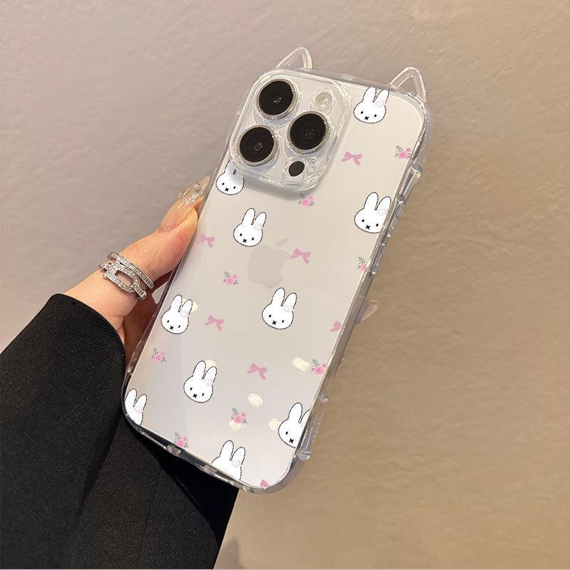 Przezroczyste etui na telefon z kokardką małego królika i kocimi uszkami dla Apple 13-17 Pro Max, precyzyjny otwór dla 15-16