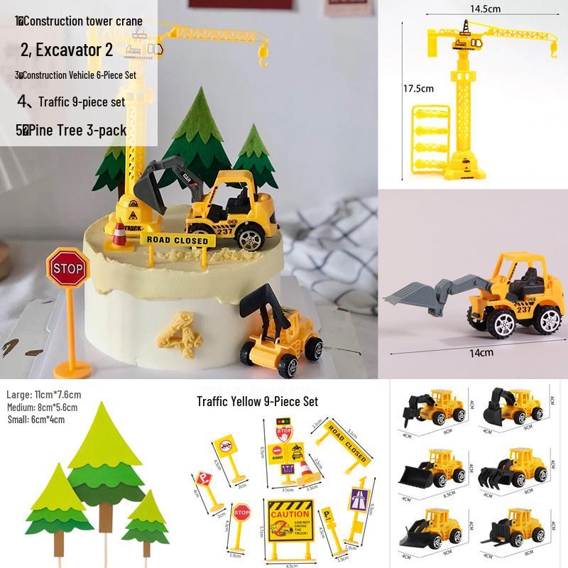 Construction Vehicle Cake Toppers: Excavator, Bulldozer, Roadblock Inserts, Figurines for Boys' Birthday