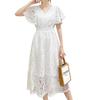 Collecala Dress with Nipped Elastic Lace Ruffle Summer White Size 2XL V-neck Waist, Waist, Slimming, Fly-Waist Dress, Sleeves, A-Line Dress, Dress,