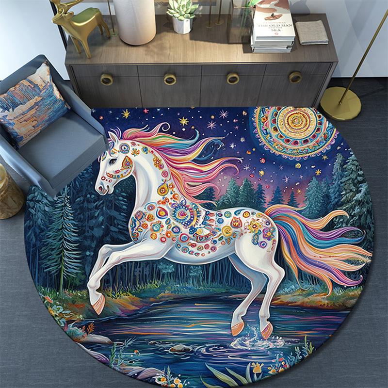 Fantasy Horse Round Area Rug,Carpet Rug for Living Room Bedroom Sofa Playroom Decor,Non-slip Floor Mat