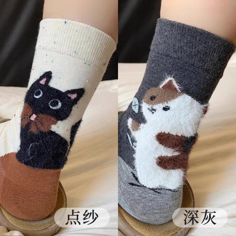 Autumn Vintage White Kawaii Socks Women Cute Cartoon Cat Pattern Middle Tube Socks Japanese Soft Cotton Winter Warm Floor Sock