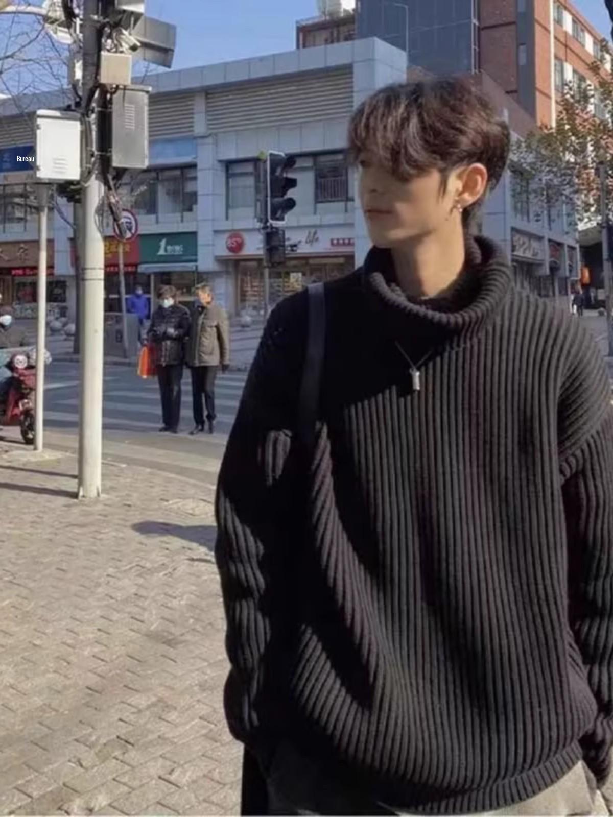 Men s Black High Neck Retro Sweater - Casual, Loose, Winter Knitwear L