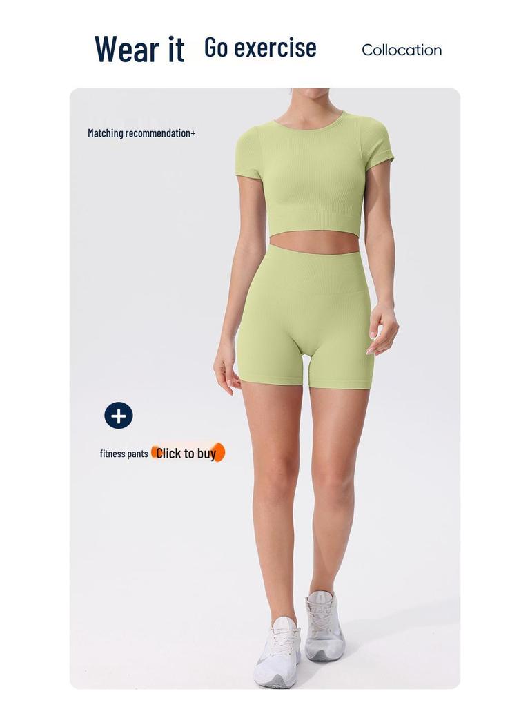 Seamless Women's Fitness Top with Built-in Chest Pad - Nude Feel Short Sleeve for Yoga & Running