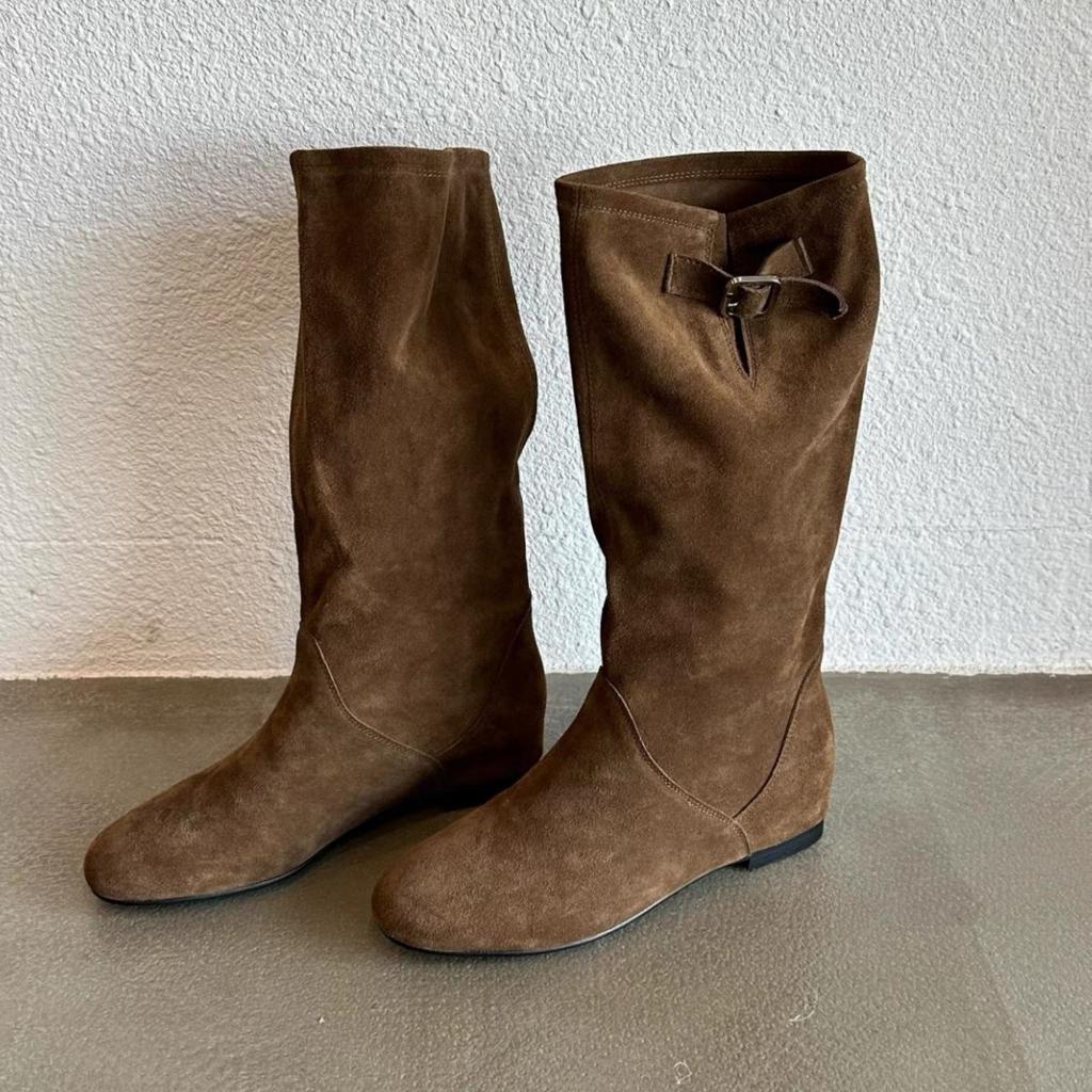 Cowhide Version~ Korean Lazy Wind Round Head Inner Height Increase Medium and High Boots Knight Boots Women's 2025 New Cowboy Boots