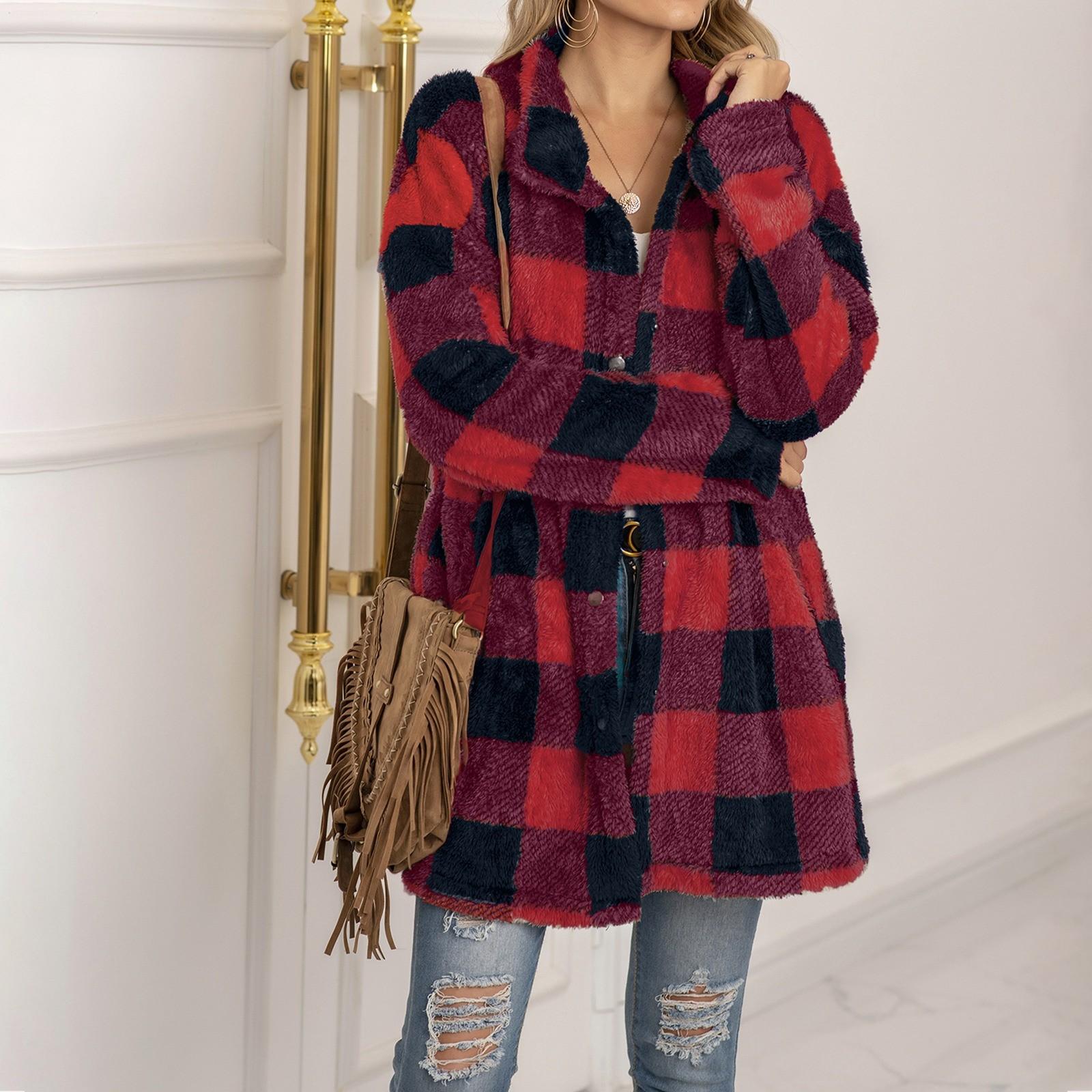 

Женское повседневное плюшевое пальто с длинным рукавом, клетчатым лацканом, пуговицами и карманом XL винный