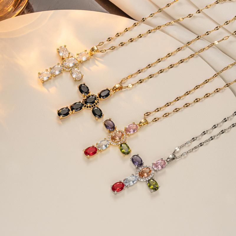 New Copper Micro Zirconia Necklace Multi-coloured Cross Pendant Hip Hop Necklace Collar Bone Chain Women's Necklace