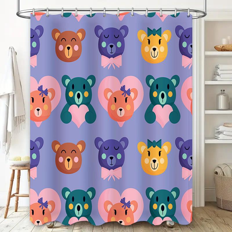 Adorable Bear Pattern Shower Curtain for Bathroom Decor Bright Colors Pink Blue Green Yellow Purple Waterproof Polyester Fabric