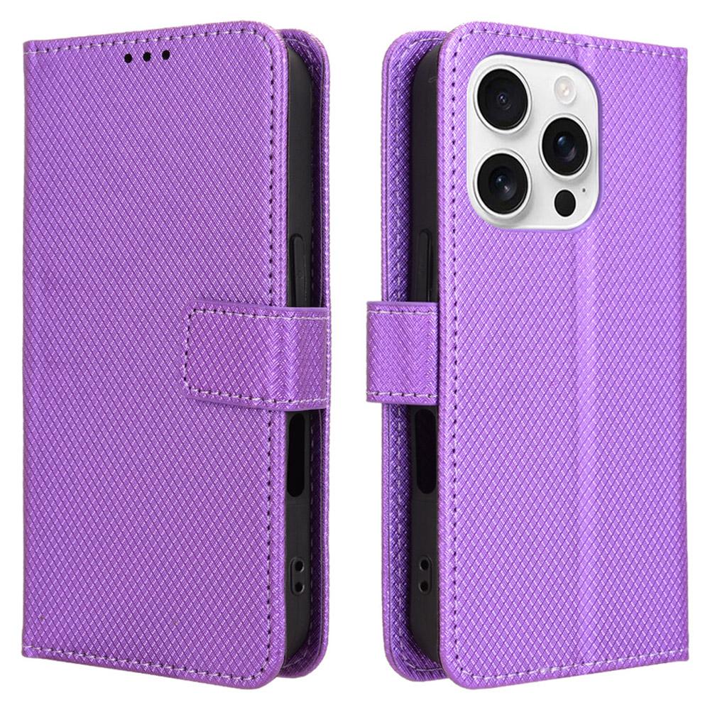 

For iPhone 16 Pro Max Case PU Leather Diamond Texture Wallet Phone Cover Purple