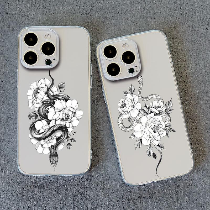 Luxurious Black White Flower Snake Clear Phone Case for IPhone X XR XS 14 13 12 11 Pro Max Mini 7 8Plus Unique Dragon Back Cover
