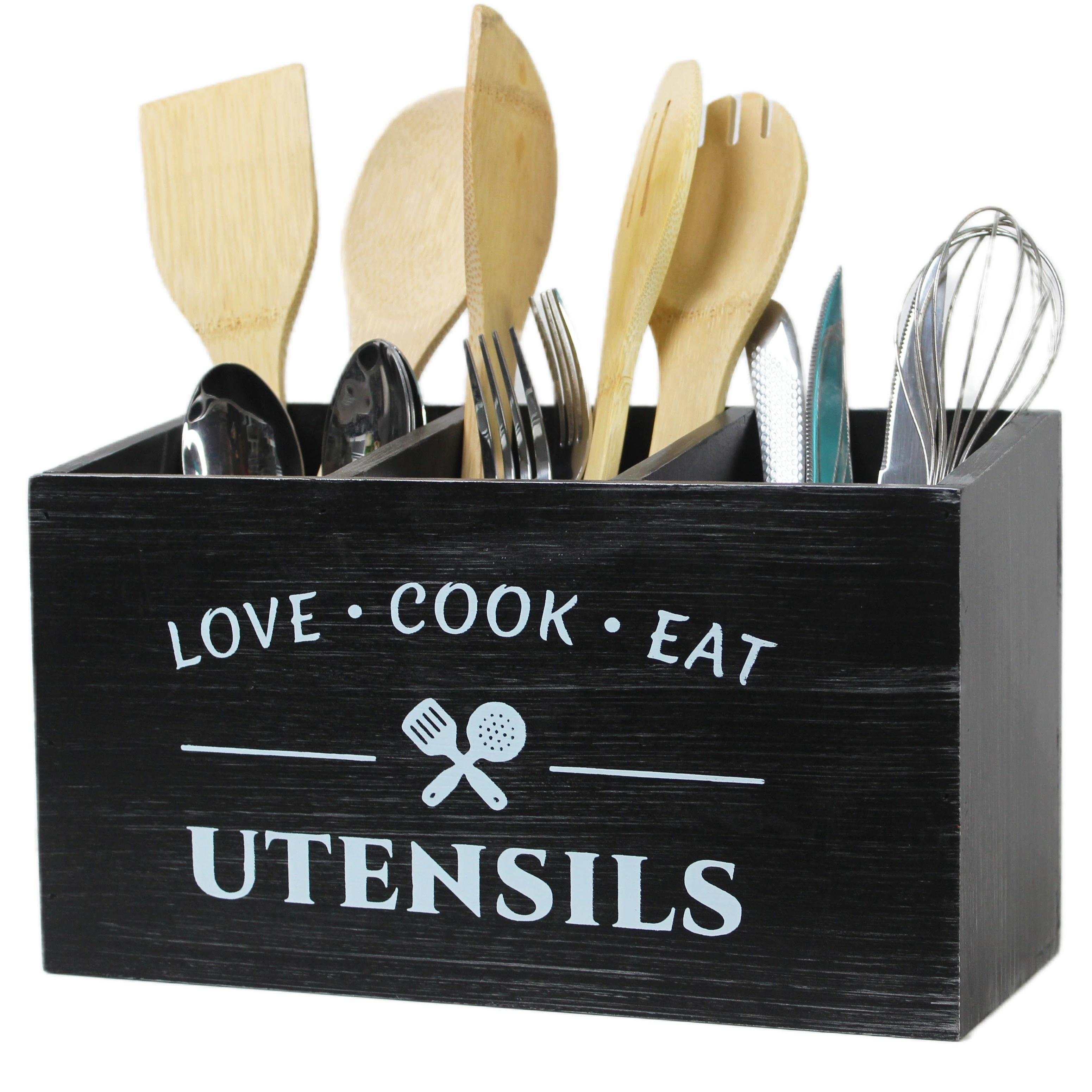 

Деревянный ящик для хранения кухонных принадлежностей, трехсекционный ящик для столовых приборов, ретро-коробка для хранения ножей и вилок, ложек чёрный