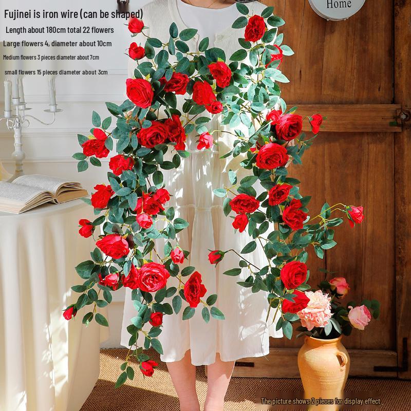 Rose Vine Air Conditioning Pipe Cover: Decorative Plastic Fake Flower Vine for Wall and Roof Hanging