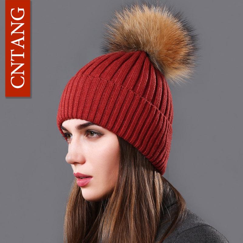 Classic Multiple Styles Women Beanie Winter Warm Fashion Raccoon Fur Pompom Hats Knitted Wool Cap Clearance Cheap High Quality
