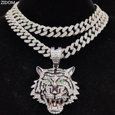 Colar com pingente de tigre 3D hip hop com corrente cubana de cristal de 13 mm, colares hip hop com pingente de gelo, joias da moda para homens e mulheres
