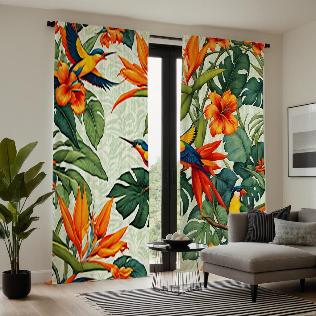 2 Stück HD Paradiesvogel Calla Lilie Vorhang Grün gelb digital bedruckter Vorhang Heimdekorationsstil Dekoration Wohnzimmer