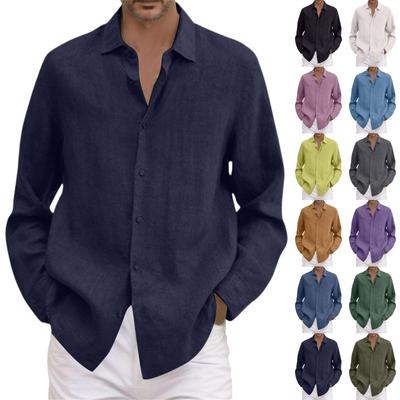 Ein Mann in einem Ganzjahres-Baumwoll-Leinen-Langarm-Hemd mit Kragen, locker, zum Knöpfen, Baumwoll-Leinen-Strickjacke