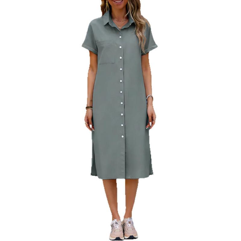 Spring new temperament commuter short-sleeved lapel shirt dress European and American comfortable and casual medium and long styles
