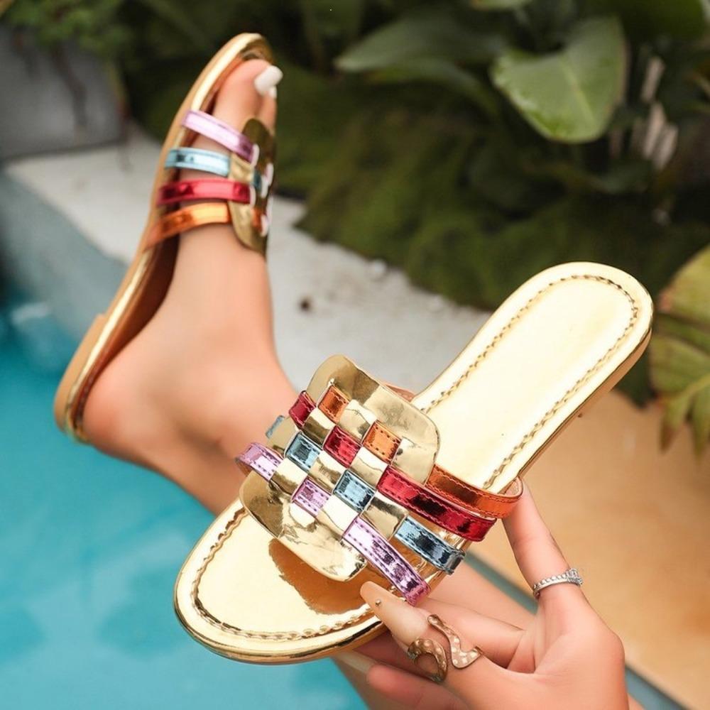 Women's Color Block Chunky Heel Slide Sandals, Square Toe Patent Leather Comfort One-Strap Sandals for Women