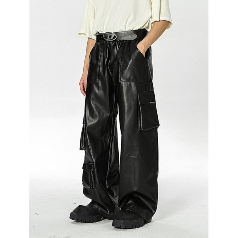 Men's Fall Hip-Hop Punk PU Leather Pants High-Street Multi-Pocket Workwear Trousers