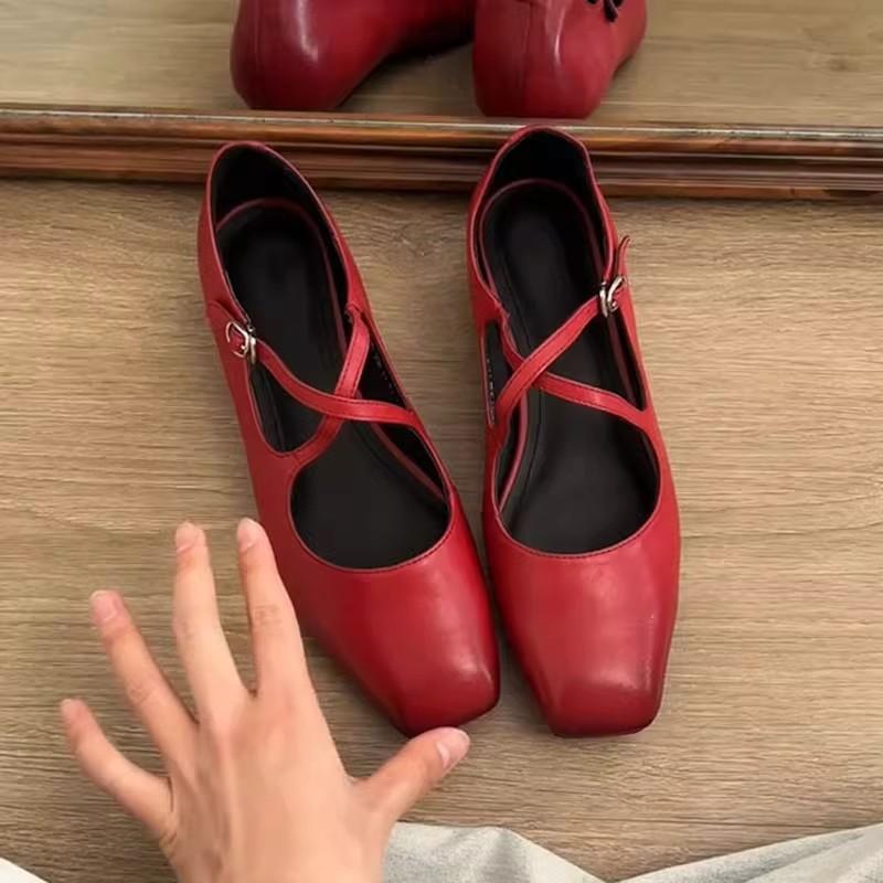 Sheepskin Version In Stock~ Retro Red Fashion Cross-buckle Ballet Shoes Comfortable Temperament Versatile Commuter Single Shoes Women