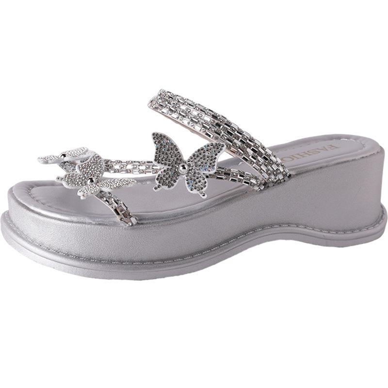 Rhinestone bow thick-bottomed cool slippers women's outer wear 2025 spring new fairy style with skirt slope heel one-word drag