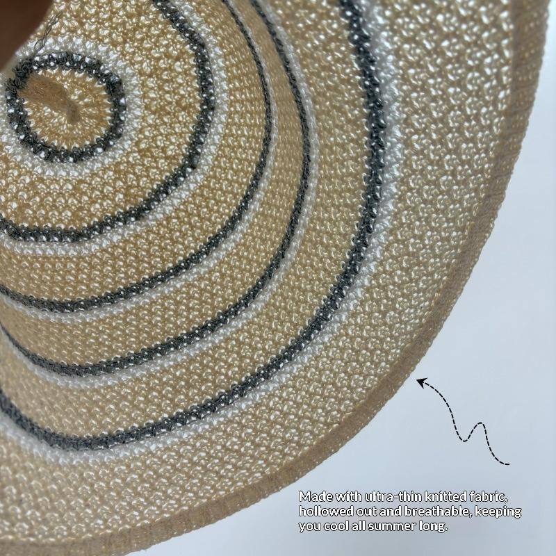 Summer Essential Striped Basin Hat with Knitted Hollow Out Design Foldable for Beach Sunshade