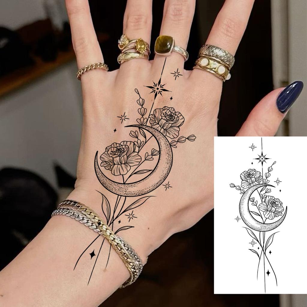 1 Sheet Crescent Sun Chain Temporary Tattoos For Women Hands Neck, Fake Tattoo Stickers Waterproof Long Lasting Realistic Tatoos