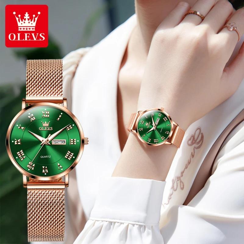 OLEVS Wasserdichte Quarzuhr für Frauen mit Doppelkalender, Milanese-Stahlarmband, Damen-Handuhr, luxuriöse Original-Kleideruhren
