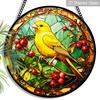 2D Flat Stained Glass Canary Bird Window Decoration, 7.87inches Yellow Bird Red Fruits Design Colored Glass Plate with Chain, Charming Spring Summer