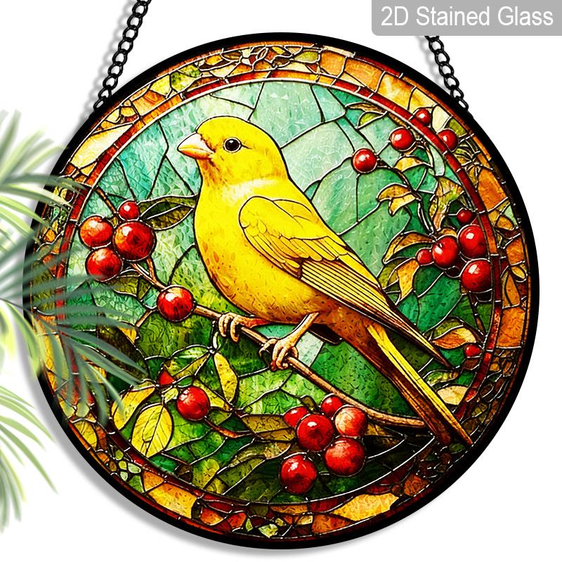 

2D Flat Stained Glass Canary Bird Window Decoration, 7.87inches Yellow Bird Red Fruits Design Colored Glass Plate with Chain, Charming Spring Summer 7.87inch