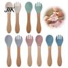 Gentle Gum Friendly Spoons Baby Led Weaning Spoon And Fork Set, Soft Silicone Utensils Non Slip Eating Tools with Wooden Handles, Toddler Self-Feeding